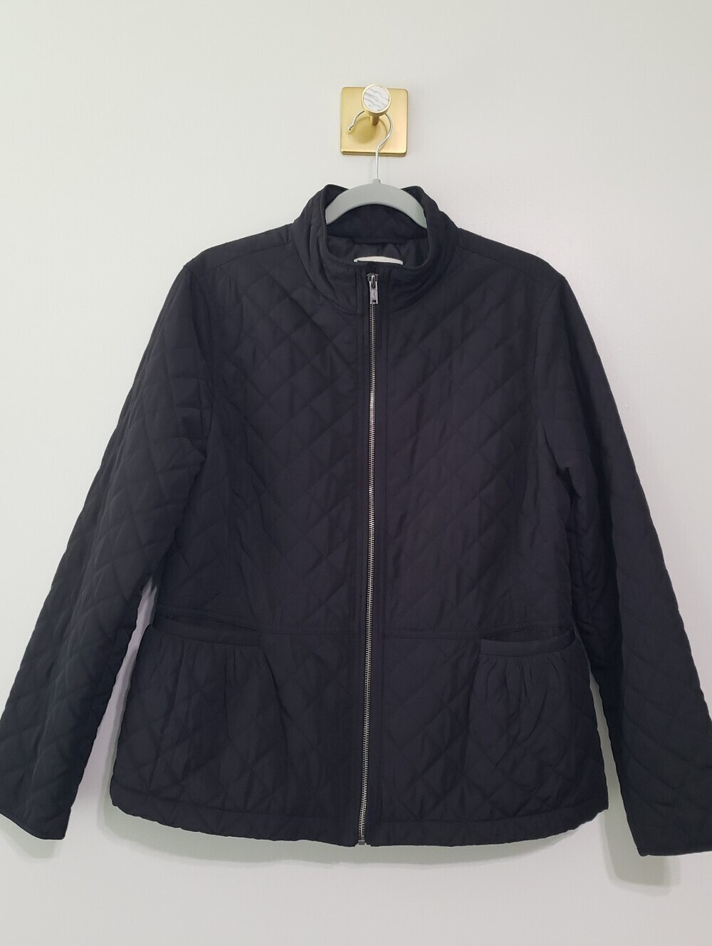Talbots Quilted Jacket Women Large Black Pockets Full Zip Pleated Peplum Back